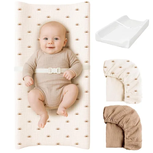 Vista 9 de Konssy Cambiador de muselina con espuma de forro impermeable, incluye 2 unidades de funda suave y de algodón, cambiador de pañales para bebé