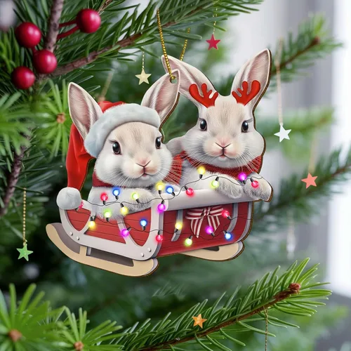 Vista 5 de Adornos de árbol de Navidad colgantes de conejo lindo con impresión en dos lados, madera, recuerdo para mujeres, hombres y amigos, adornos de árbol
