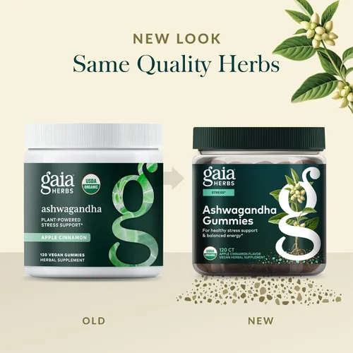 Vista 6 de Gaia Herbs Gomitas orgánicas de Ashwagandha – Apoyo al estrés* – Hechas con canela y jengibre – Sin gluten y veganas – 120 unidades (40 porciones)