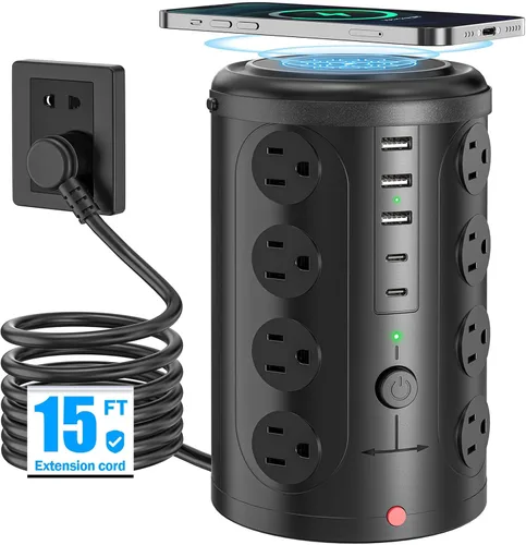 Vista 14 de Regleta de alimentación con protector de sobretensiones de torre (16 salidas de CA + 5 puertos USB incluyendo 2 tipos C), cable de extensión de 5