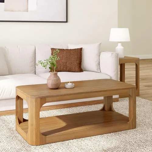 Vista 10 de Plank+Beam Forma - Mesa de centro moderna de 54 pulgadas con estante, mesa central contemporánea con espacio de almacenamiento, mesa de té Nuez