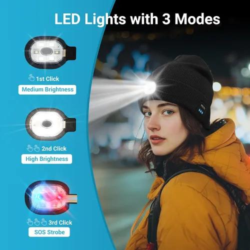 Vista 3 de Bluetooth Beanie with Light, LED Beanie with Built-in Speaker and Microphone, Unique Gifts for Men Women