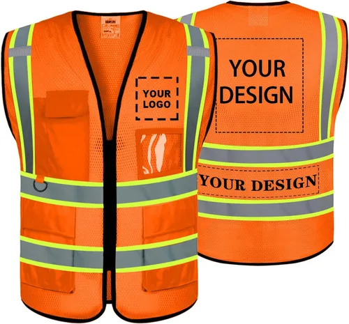 Vista 14 de BeautyWill Chaleco de seguridad con logotipo personalizado, Hi Vis Clase 2, chaleco reflectante de construcción unisex con 5 bolsillos