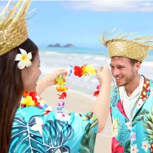 Vista 6 de Toulite 6 piezas de disfraz de turista para adultos, disfraz de viajero pegajoso, disfraces de parejas, sombrero de paja, guirnalda hawaiana