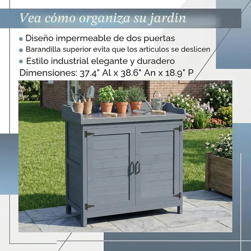 Vista 2 de Gabinete de Almacenamiento de Madera para Jardín Exterior Patio Muebles Cobertizo de Herramientas Impermeable con Bancos para Macetas Mesa de Gris