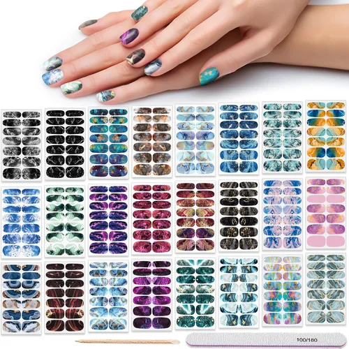 Vista 13 de Tiras de esmalte de uñas, color sólido, 24 hojas de calcomanías adhesivas de esmalte de uñas, envolturas completas de uñas de gel para mujeres
