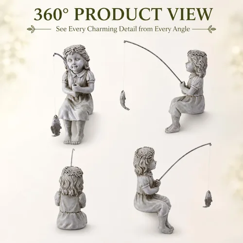 Vista 6 de Goodeco Estatua de jardín de Fishergirl – Pequeño pescador de 11 pulgadas para estanque Koi o cascadas, estatua junto a la piscina con guijarros que