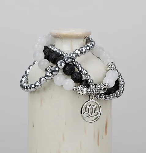 Vista 3 de SPUNKYsoul - Pulsera de hematita con flor de loto, apilable, para curación y nuevos principios