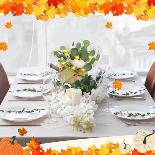 Vista 3 de Janinka Juego de 2 decoraciones de otoño de 11 pulgadas para el hogar, calabazas blancas, mesas de eucalipto, centros de mesa, conos de pino
