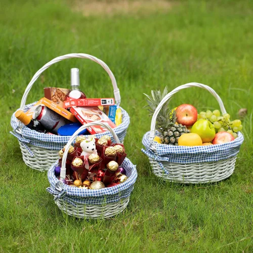 Vista 5 de WICKERWISE Cesta de regalo tradicional de sauce redondo blanco con forro a cuadros y asas resistentes, cesta de almacenamiento de aperitivos