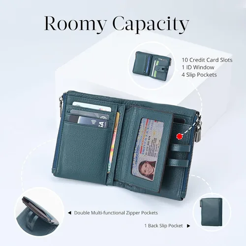 Vista 3 de Bveyzi Cartera pequeña de cuero suave para mujer, con bloqueo RFID, tarjetero con doble bolsillo con cremallera