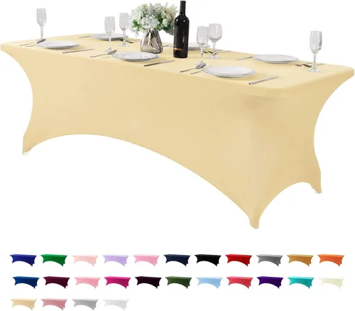 Vista 62 de Mantel de elastano para mesa de 6, 4 o 8 pies, universal, ajustable, para fiestas, banquetes, bodas y eventos, color verde manzana