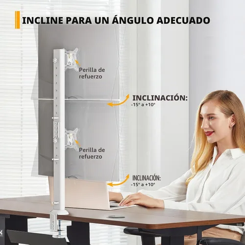 Vista 3 de Hemudu Dual Monitor Articulating Desk Mount Arm Stand - Vertical Stack Screen Supports Two 13 to 34 Inch Computer Monitors with C Clamp White Blanco