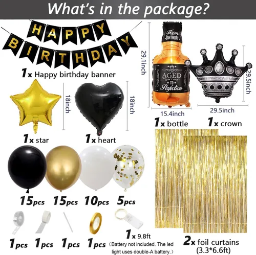 Vista 4 de Decoraciones de cumpleaños negras y doradas con pancarta de feliz cumpleaños, cortinas, botella, corona, globos de estrella de corazón y luz LED