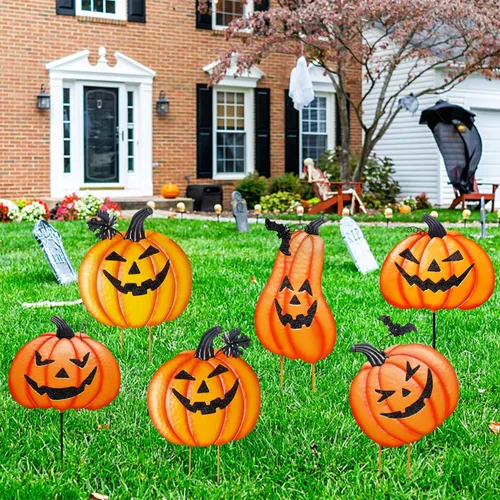 Vista 9 de Juegoal Paquete de 2 estacas de jardín de Halloween, calabazas de metal apiladas, decoración de césped Jack-o-Lantern, letreros de patio decorativos
