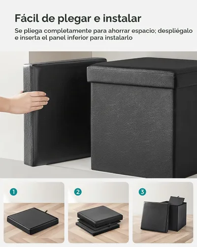 Vista 6 de SONGMICS cubo de almacenamiento de piel sintética, asiento, 15 pulgadas, Madera, Negro