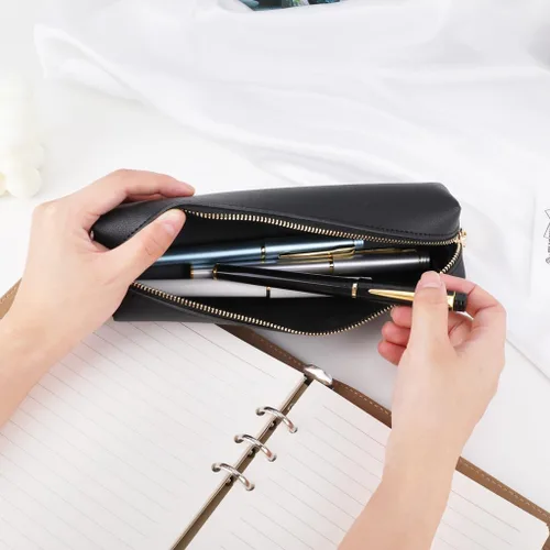 Vista 2 de Oyachic Estuche para lápices de piel sintética, bolsa de maquillaje cosmética, bolsa pequeña para bolígrafos, caja de almacenamiento con cremallera