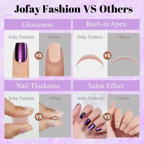Vista 5 de Jofay Fashion - Uñas cortas a presión con diseño de ojo de gato, elegantes uñas cuadradas moradas, uñas postizas de gel suave, uñas postizas
