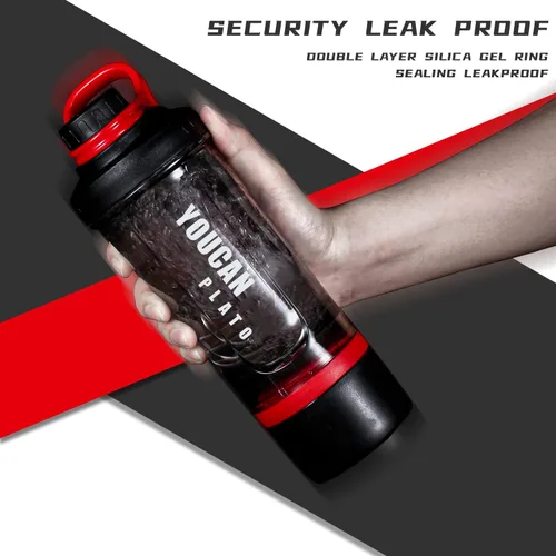 Vista 5 de Botella agitadora de proteínas de 21 oz con contenedor de almacenamiento de polvo - Tazas agitadoras para batidos de proteínas - Botella de Rojo
