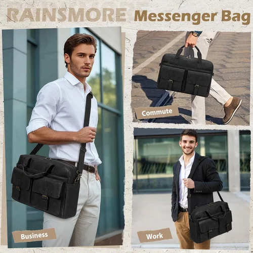 Vista 2 de RAINSMORE Bolsa tipo mensajero para hombre, de piel de 16 pulgadas, para laptop, maletín para computadora de trabajo, oficina, negocios, viajes