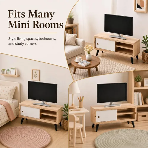 Vista 8 de NUOBESTY Mueble de TV y madera para casa de muñecas, monitor de juguete realista a escala 1/12, soporte de TV en miniatura moderno para casa