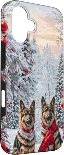 Vista 3 de iPhone 16 Lindo perro pastor alemán en paisaje nevado feliz Navidad caso