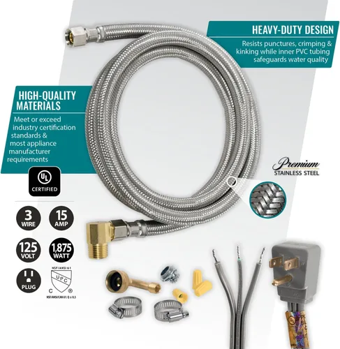 Vista 2 de Certified Appliance Accessories Kit de instalación para lavavajillas: cable de alimentación de enchufe de ángulo recto de 6 pies, manguera