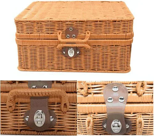 Vista 5 de Maleta de ratán cesta de almacenamiento tejida a mano de mimbre vintage maleta organizador de maquillaje bolsa de ratán cesta de picnic para viajes