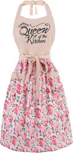 Vista 17 de Bonitos delantales florales para mujer con bolsillos, delantal de algodón ajustable con correa para el cuello para cocina, cocina, hornear