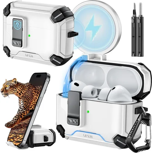 Vista 24 de Inesore Funda para AirPods Pro 1ª/2ª con bloqueo seguro (verde oscuro) Cubierta magnética de bloqueo automático con soporte para teléfono y kit