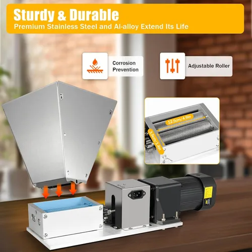 Vista 4 de Molinillo eléctrico de grano con rodillos ajustables, molinillo de cebada, trituradora de malta, molino de grano eléctrico de 110 V, 60 W