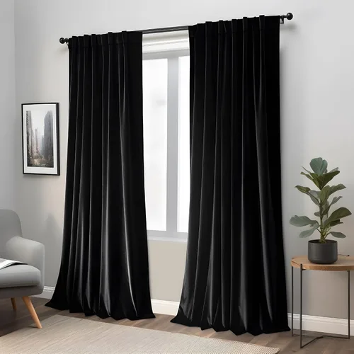Vista 2 de Cortinas opacas de terciopelo negro para sala de estar, 52 pulgadas de ancho x 63 pulgadas de largo, cortinas opacas de lujo para dormitorio