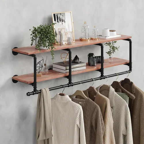 Vista 12 de Perchero para ropa de 72 pulgadas, para montar en la pared, con estante de madera real, perchero colgante resistente, barra para colgar multiusos