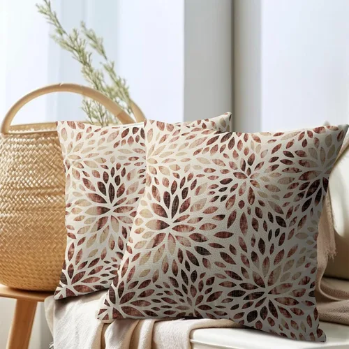 Vista 7 de Juego de 2 fundas de almohada de dalia rojo burdeos de 16 x 16 pulgadas, fundas de almohada geométricas rústicas de flores de algodón y lino