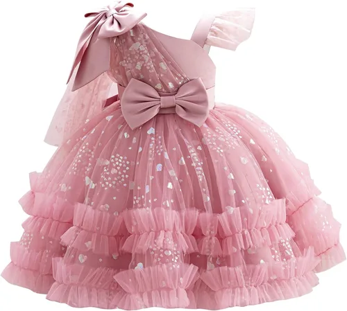 Vista 19 de IBTOM CASTLE Vestido de cumpleaños para niñas, con corazón, de tul, con destellos, de princesa, para bebé, vestido de niña de flores, para boda