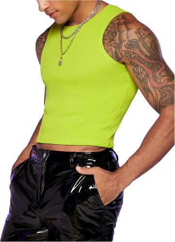 Vista 4 de GORGLITTER Camiseta corta sin mangas de neón para hombre, de moda, ajustada