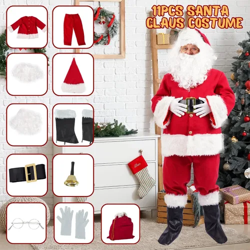 Vista 4 de Disfraz de Papá Noel para hombre, traje de Papá Noel para adultos, 11 piezas, profesional, talla grande, traje de Navidad para fiestas de Navidad