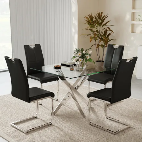 Vista 8 de 36-Inch Square Glass Dining Table Set with 4 Faux Leather High-Back Chairs - Modern Metal Cross-Leg Table with Comfortable C-Leg Seats for Modern