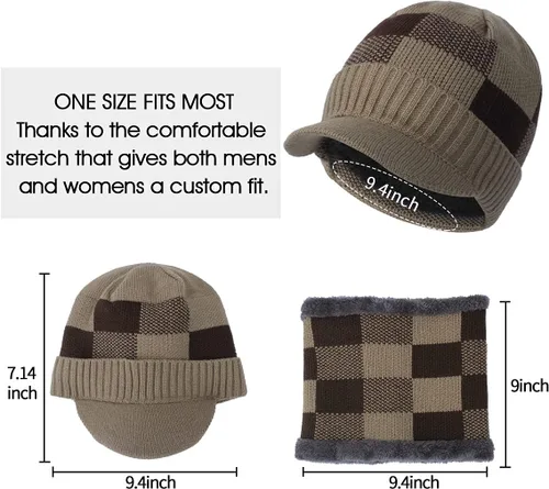 Vista 3 de HH HOFNEN Conjunto de bufanda de invierno para hombres y mujeres, visera de punto, cálido, grueso, forro polar, calentador de cuello para exteriores