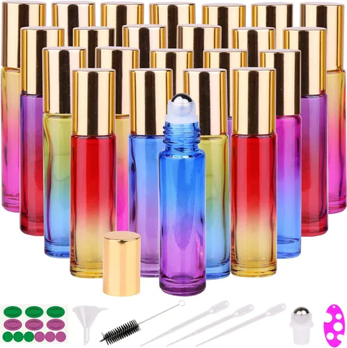 Vista 10 de inice 100 botellas de roll-on de 10 ml de vidrio ámbar para aceites esenciales con bolas de rodillo de acero inoxidable y tapa de aleación