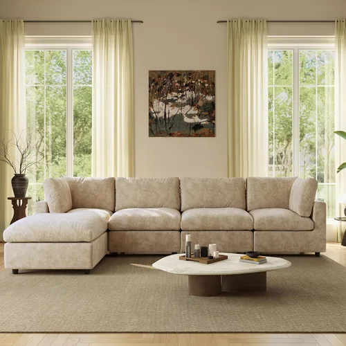 Vista 29 de Sofá modular de nube seccional, moderno sofá en forma de L con otomana, 100 pulgadas, 3 plazas de felpilla para asiento profundo para sala de estar