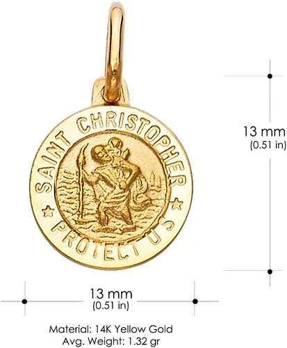 Vista 3 de Collar con colgante de medalla de San Cristóbal de oro amarillo de 14 quilates, amuleto con cadena Singapur de 0.035 in