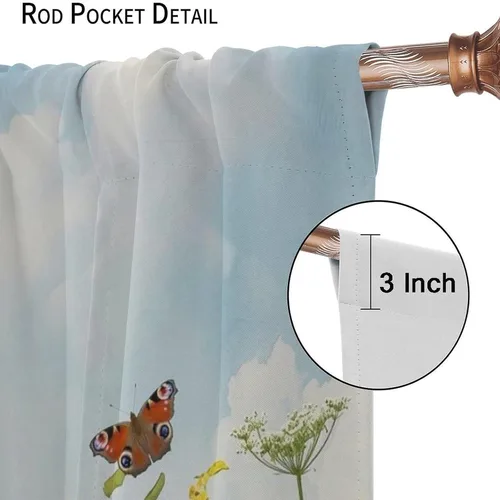 Vista 7 de Sunflower Curtains for Living Room Bedroom, Spring Nature Blue Sky and Butterfly Window Drapes, Rustic Wooden Fence Floral Botanical Decor, 2 Panels