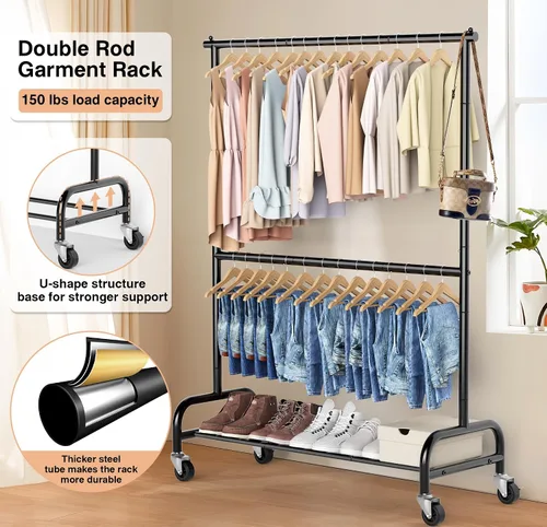 Vista 2 de MISSLO Perchero resistente para ropa con doble varilla para colgar, estante de ropa enrollable, armario de closet con ruedas, metal, ajustable, negro