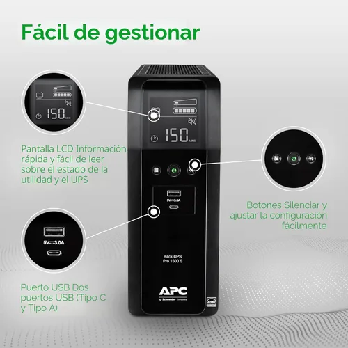 Vista 6 de APC UPS 1500VA/900W UPS de onda sinusoidal pura para computadora, electrónica, BR1500MS2 Back-UPS Pro sinewave UPS for PC, gaming & home offices.