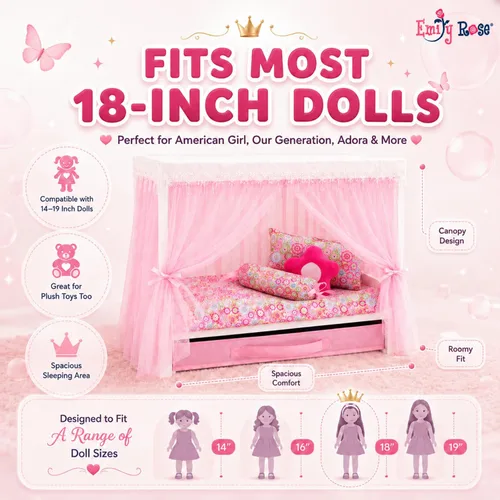 Vista 3 de Emily Rose Cama con dosel de princesa de 18 pulgadas, madera blanca con cortinas de tul rosa, juego de ropa de cama de 5 piezas y cajón