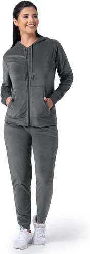 Vista 8 de Wright's Conjunto de sudadera y jogger de terciopelo para mujer de 2 piezas con cremallera y capucha Negro