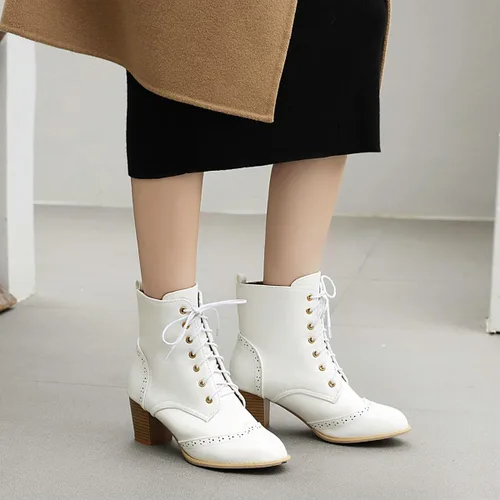 Vista 3 de Betastella Botas de tobillo con cordones para mujer, tacón grueso, con cierre lateral, botas cortas de vestir con cremallera lateral