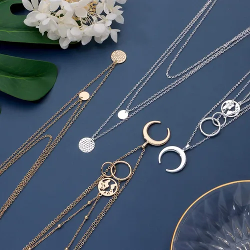 Vista 6 de Biokia 6 collares en capas para mujer collares largos de oro gargantilla mapa moneda luna creciente collar con colgante en Y multicapa