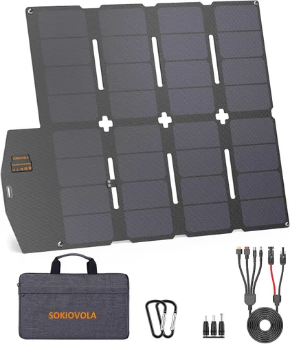 Vista 11 de Paneles solares portátiles de 50 W, cargador de panel solar plegable IP68 impermeable con puertos USB-A y USB-C, salida de 18 V CC para pequeña
